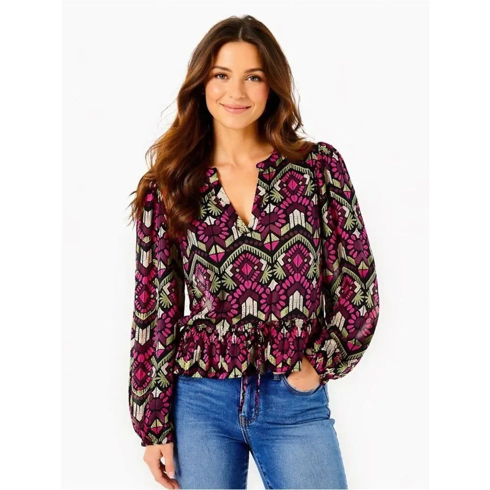 NWT Elizabeth and James Magenta and Olive Geometric Peplum Blouse